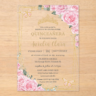 Pink Roses Floral Quinceanera Sweet 16 Butterflies Acrylic Invitations