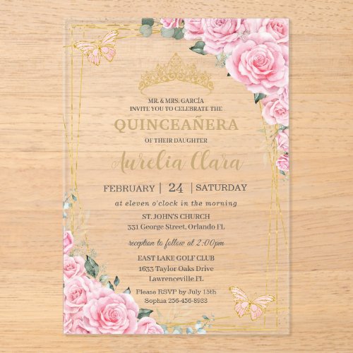 Pink Roses Floral Quinceanera Sweet 16 Butterflies Acrylic Invitations