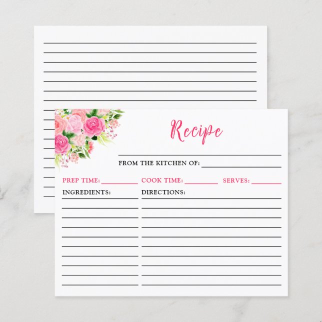 Pink Roses Floral Recipe Card (Front/Back)