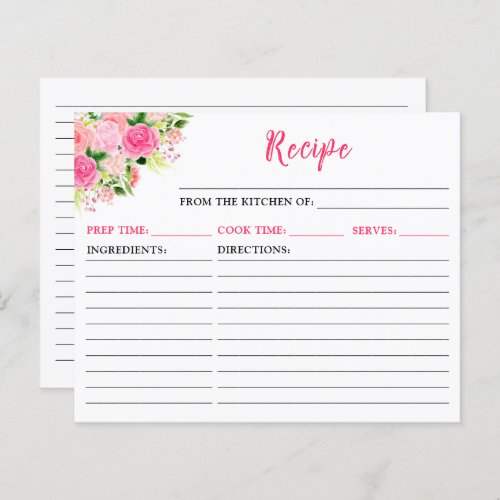 Pink Roses Floral Recipe Card