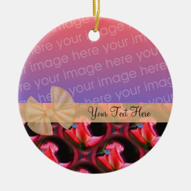 Pink Roses Floral Ribbon Photo Ornament (Front)