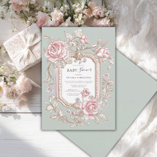 Pink Roses Floral Sage Green Vintage Baby Shower Invitation