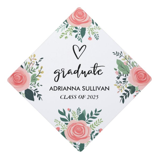 Pink Roses Floral | Script Graduate Cute Heart Graduation Cap Topper (Front)