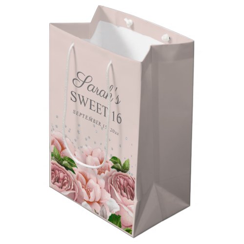 Pink Roses Floral Silver Glitter Sweet 16  Medium Gift Bag