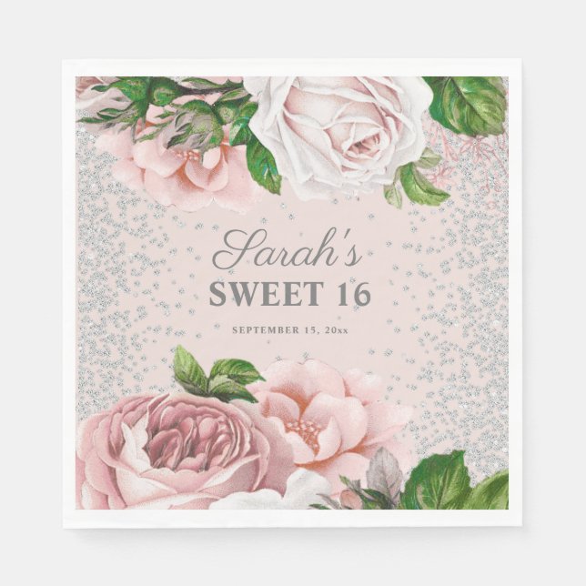 Pink Roses Floral Silver Glitter Sweet 16  Napkins (Front)
