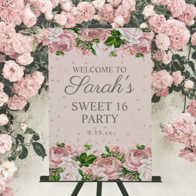 Pink Roses Floral Silver Glitter Sweet 16 Welcome Foam Board (Creator Uploaded)