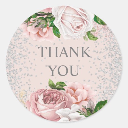 Pink Roses Floral Silver Glitter Thank You Classic Round Sticker