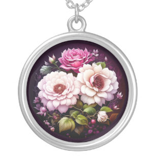 Pink Roses Floral Silver Plated Necklace