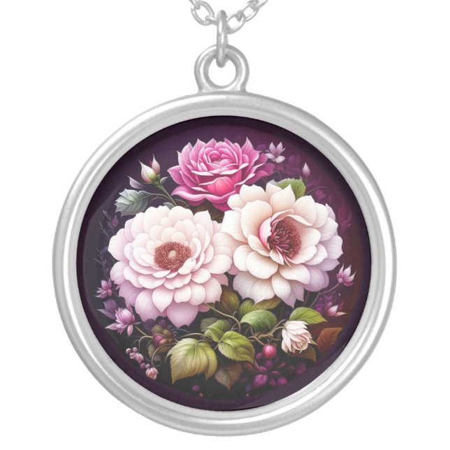 Pink Roses Floral  Silver Plated Necklace (Front)
