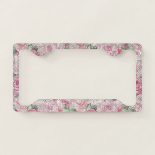 Pink Roses Floral Sparkle License Plate Frame