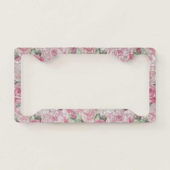 Pink Roses Floral Sparkle License Plate Frame (Front)