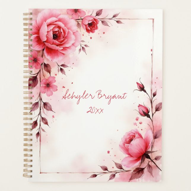 Pink Roses Floral Spiral-bound Botanical Print Planner (Front)