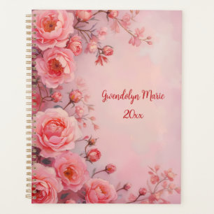 Pink Roses Floral Spiral-Bound Planner Botanical