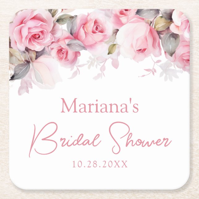 Pink Roses Floral Square Paper Coaster (Front)