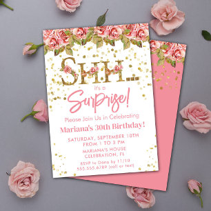 Pink Roses Floral Surprise Birthday Party Invitation