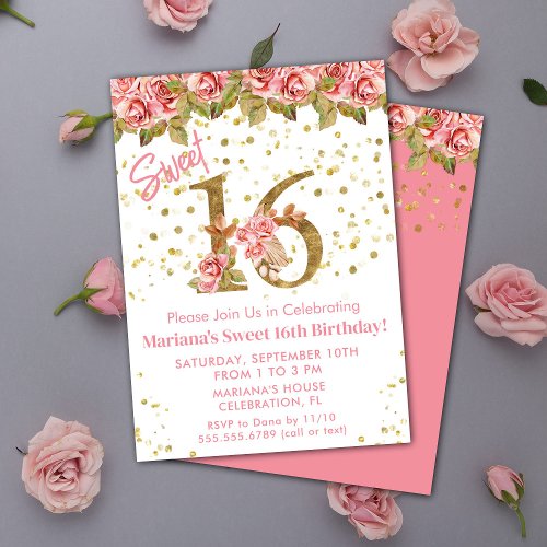 Pink Roses Floral Sweet 16 Birthday Party Invitation