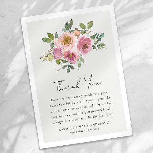 Pink Roses Floral Sympathy Funeral Thank You Card