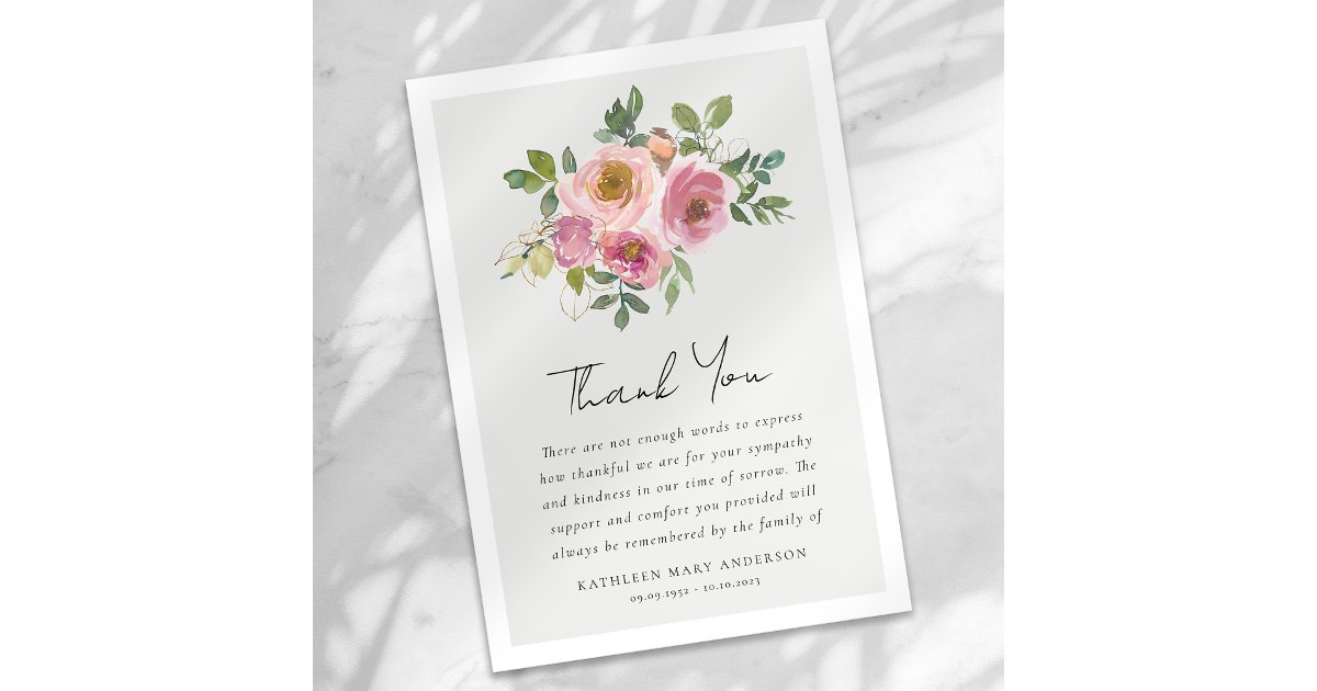 Pink Roses Floral Sympathy Funeral Thank You Card | Zazzle
