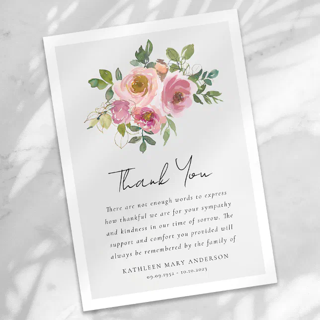 Pink Roses Floral Sympathy Funeral Thank You Card | Zazzle