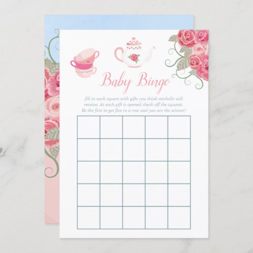 Pink Roses Floral Tea Party Baby Shower Baby Bingo Invitation