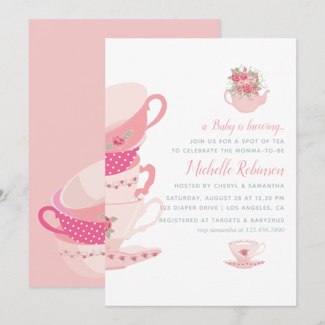 Pink Roses Floral Tea Party Baby Shower Invitation (Front/Back)
