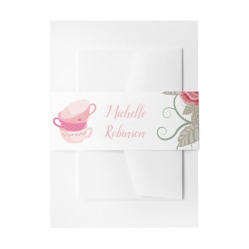 Pink Roses Floral Tea Party Invitation Belly Band