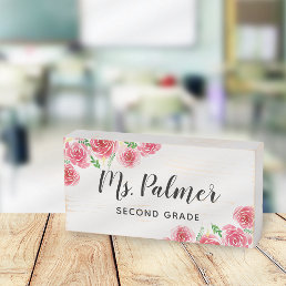 Pink Roses | Floral Teacher Name Classroom Wooden Box Sign