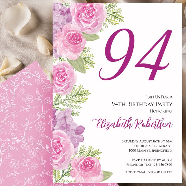 Pink Roses Floral Template 94th Birthday (Creator Uploaded)