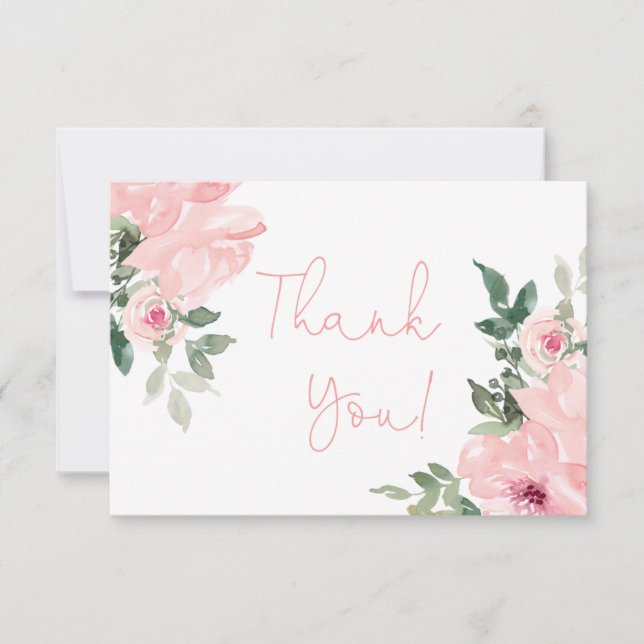 Pink roses floral thank you note card (Front)