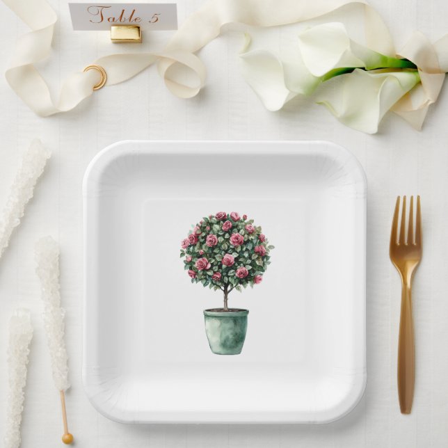 Pink Roses Floral Tree Bridal Shower Paper Plates (Wedding)