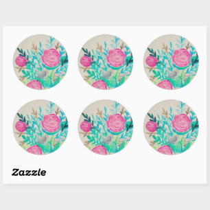 Pink Roses Floral Watercolor Pattern Classic Round Sticker