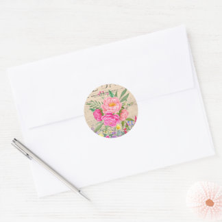 Pink Roses, Floral Watercolor, Vintage Newspaper  Classic Round Sticker