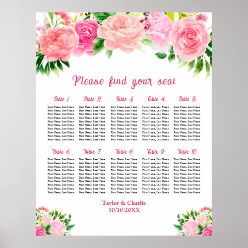 Pink Roses Floral Wedding 10 Tables Seating Chart