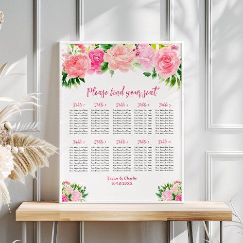 Pink Roses Floral Wedding 10 Tables Seating Chart