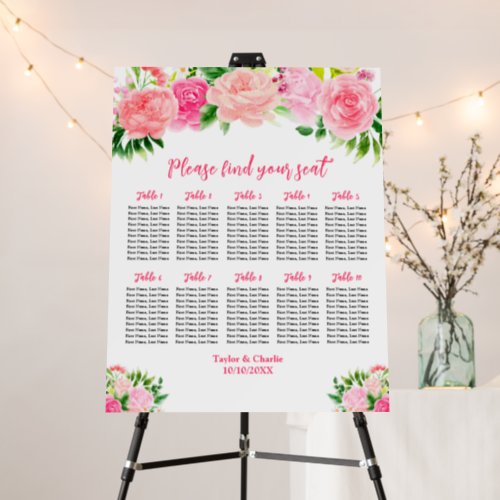 Pink Roses Floral Wedding 10 Tables Seating Chart Foam Board