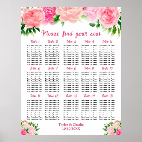 Pink Roses Floral Wedding 15 Tables Seating Chart