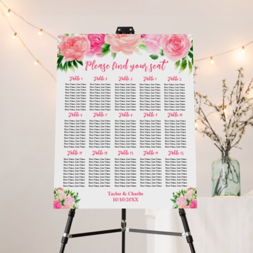 Pink Roses Floral Wedding 15 Tables Seating Chart Foam Board