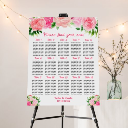 Pink Roses Floral Wedding 15 Tables Seating Chart Foam Board