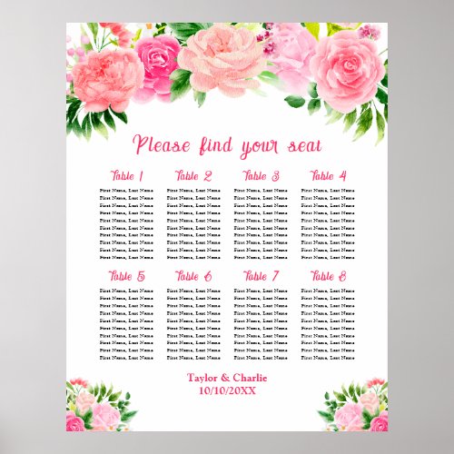 Pink Roses Floral Wedding 8 Tables Seating Chart