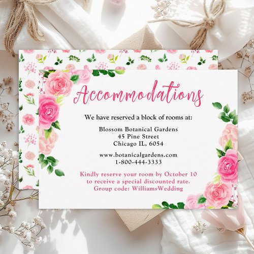 Pink Roses Floral Wedding Accommodations Enclosure Card