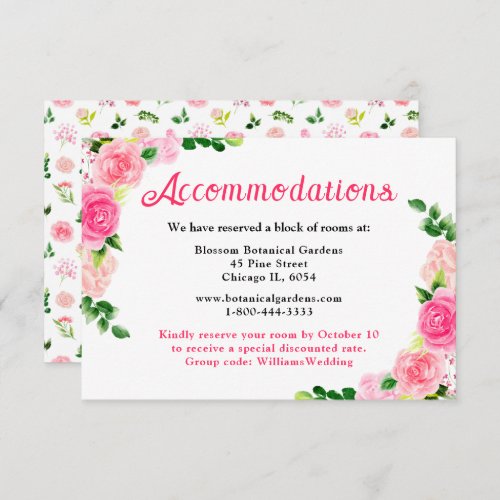 Pink Roses Floral Wedding Accommodations Enclosure Card