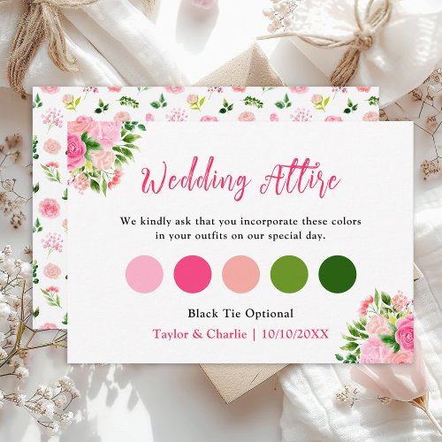 Pink Roses Floral Wedding Attire Dress Code Enclosure Card