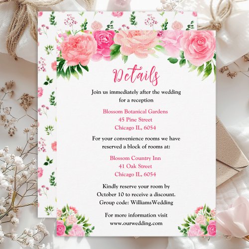 Pink Roses Floral Wedding Details Enclosure Card