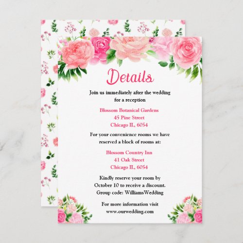 Pink Roses Floral Wedding Details Enclosure Card