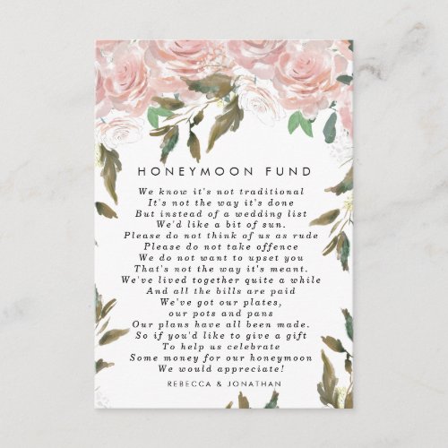pink roses floral wedding honeymoon fund card