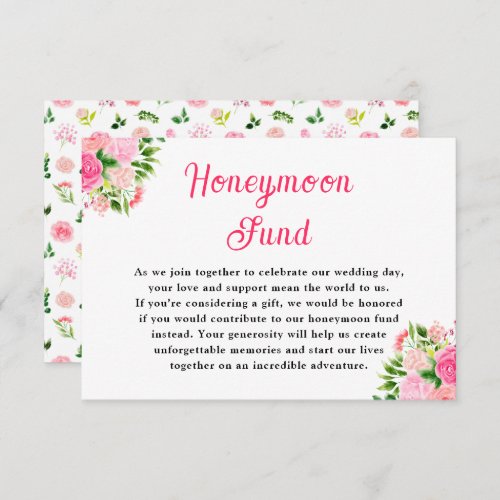 Pink Roses Floral Wedding Honeymoon Fund Enclosure Card