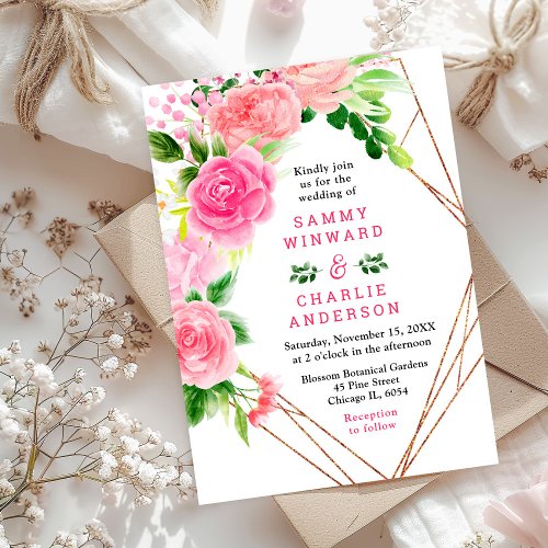 Pink Roses Floral Wedding Invitation