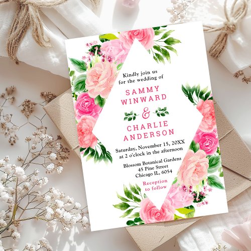 Pink Roses Floral Wedding Invitation