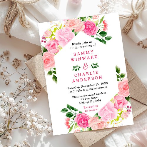 Pink Roses Floral Wedding Invitation