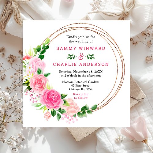 Pink Roses Floral Wedding Invitation